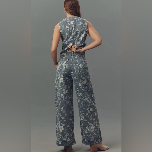 Anthropologie Pilcro Leon Double Hem Wide Leg Floral Denim Jeans Womens 28 New - Picture 2 of 7